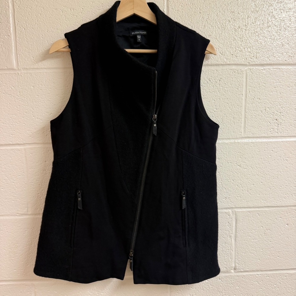 Eileen Fisher Womens Asymmetrical Zip Mixed Media Vest M Black Merino Wool Silk